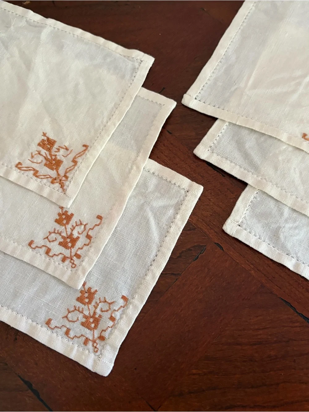 Set of 6 Off White Linen Cocktail Napkins Embroidered Corner